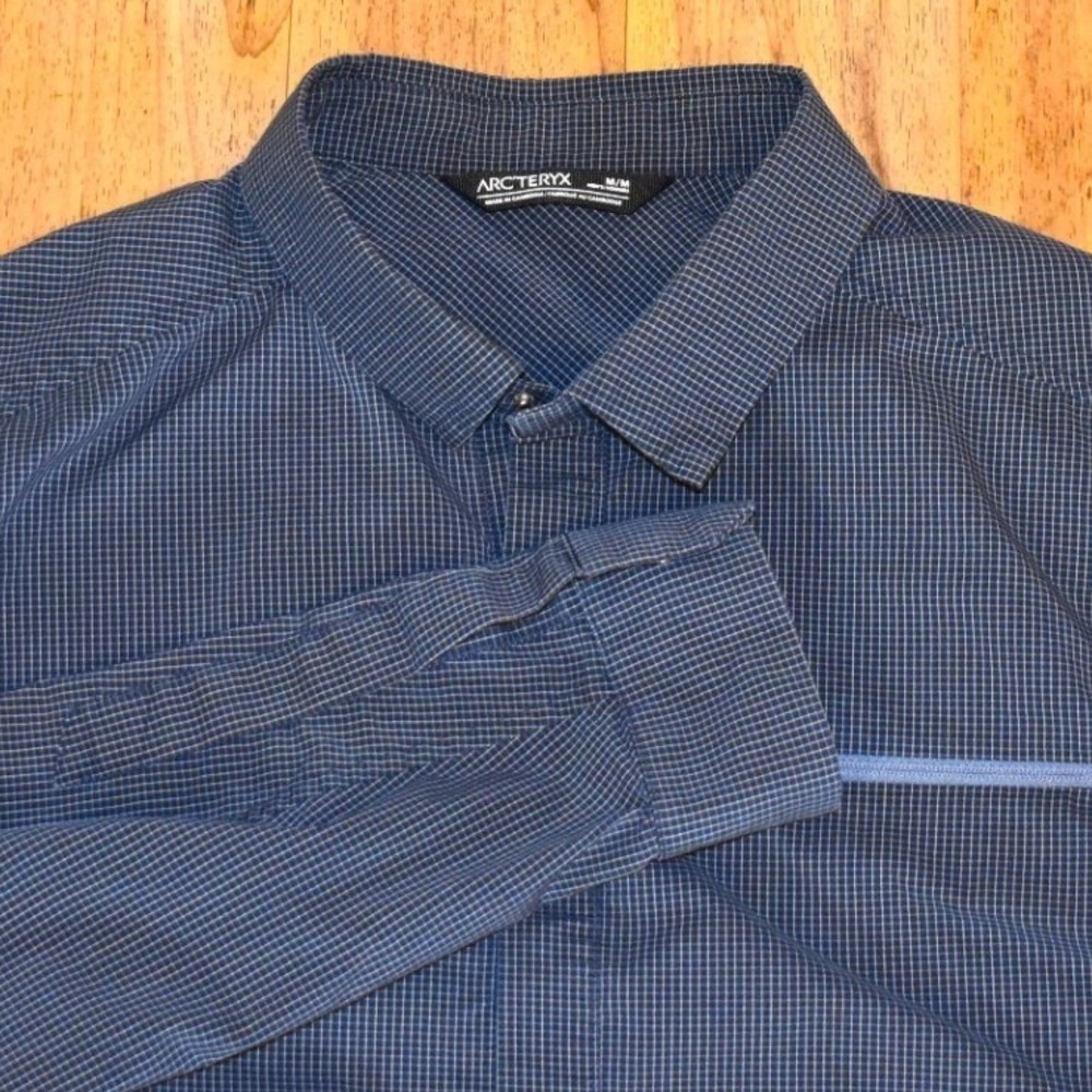 Arcteryx Skyline Shirt Mens Medium Blue Excellent Long Sleeve Zip Pocket Grid